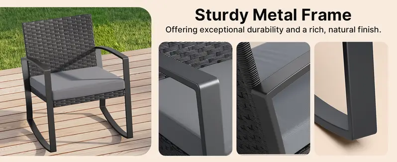 GIZOON 3 Pieces Patio Furniture Set Rocking Bistro Set Outdoor Rattan Conversation with Coffee Table for Garden Balcony Backyard Poolside (Grey Cushion)