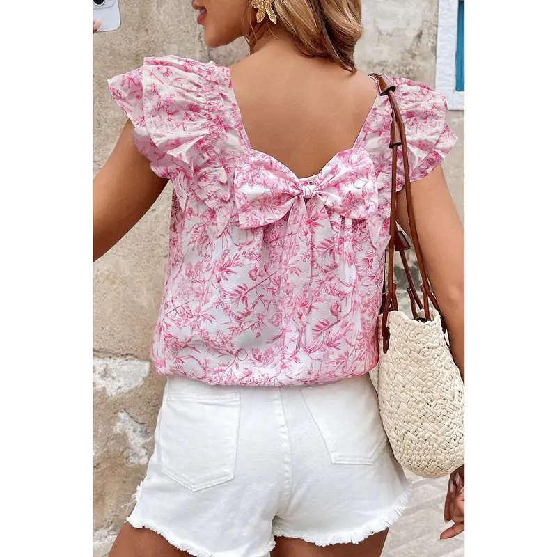 Pink Floral Ruffle Short Sleeve Bow Back Blouse