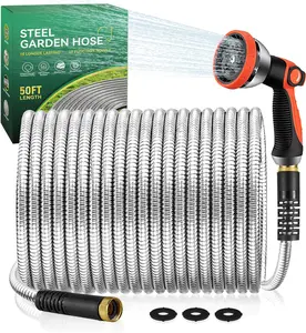 Garden Hose 100ft Metal - Stainless Steel Water Hose Flexible Metal Garden Hose Collapsible and No Kink Water Pipe Adjustable Nozzle