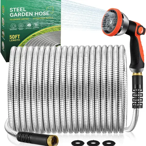 100ft (600"l) Stainless Steel Heavy Duty Garden Hose - Flexible, No-Kink Collapsible Metal Water Pipe with 10-Function 150 psi High-Pressure Nozzle, Adjust Flow & Spray Watering Equipment for Car Cleaning