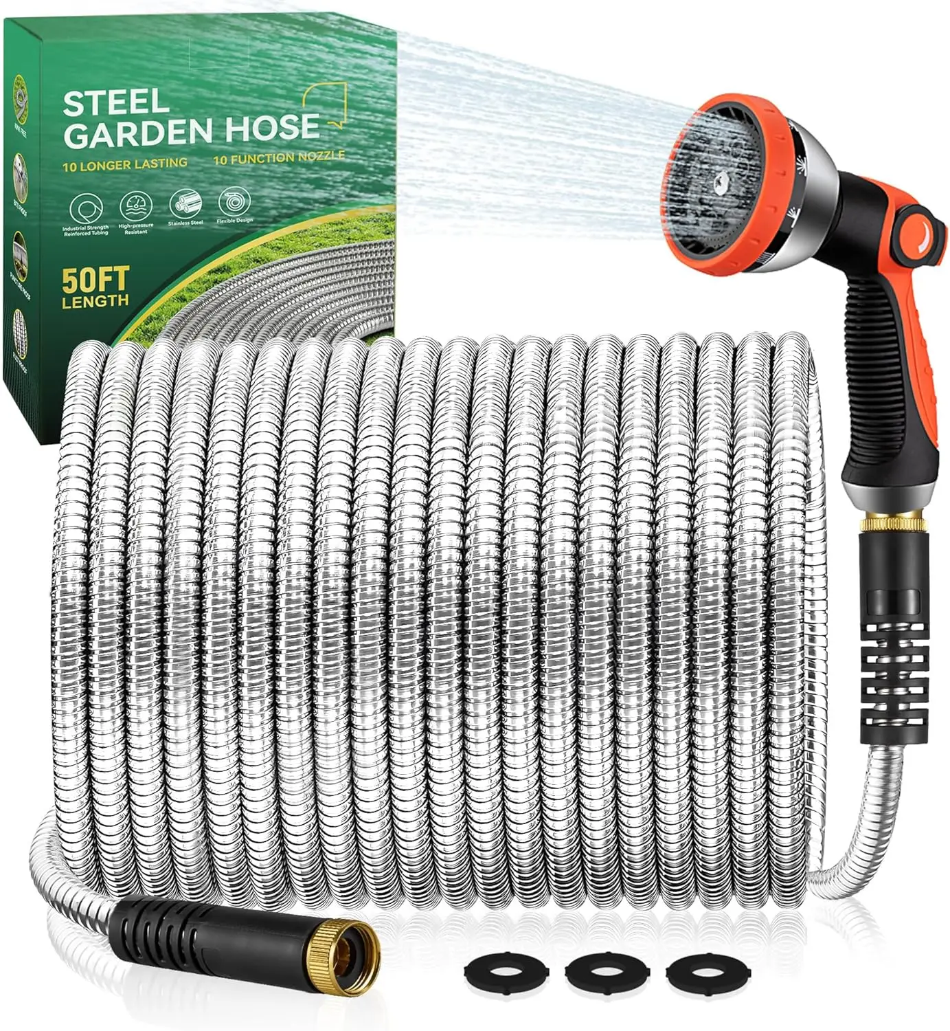 Garden Hose 100ft Metal - Stainless Steel Water Hose Flexible Metal Garden Hose Collapsible and No Kink Water Pipe Adjustable Nozzle