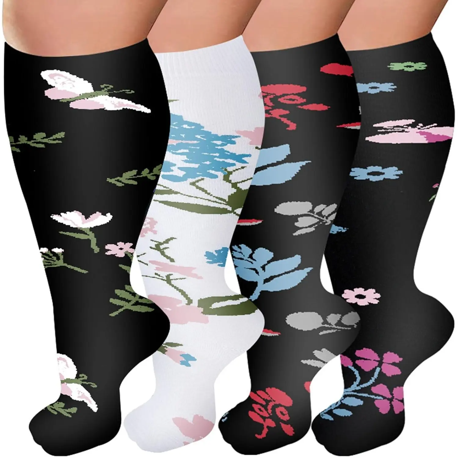 Women's Plus Size Knee-High Compression Athletic Running Socks (4 Pairs) - Support for Hiking, Travel