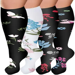 Plus Size Compression Socks for Women Men Knee High Support Floral Design 4 Pairs for Nurses Running Hiking Travel Sports Stockings