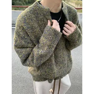 Men’s Autumn–Winter Fashionable Retro Versatile Knitted Sweater, Relaxed Loose Fit, Trendy Moss Collar Drop-Shoulder Sweater