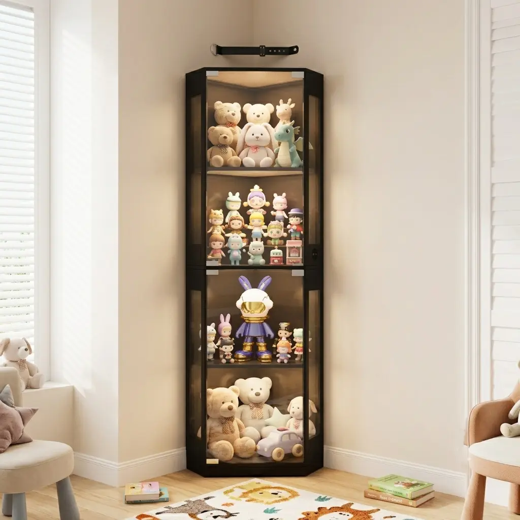 4-Tier 65" Corner Display Cabinet, Glass Display Case with Glass Doors, 3 Color LED Lights, Human Body Sensor & Adjustable Shelves, Black Storage Cabinet for Collectibles, Liquor and Game Room