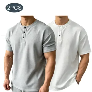 Men's Short-Sleeve Waffle Polyester Knit Henley Shirt - Drop Shoulder, Plain, Loose-Fit, Breathable Casual T-Shirt for Summer, Casual T-Shirts