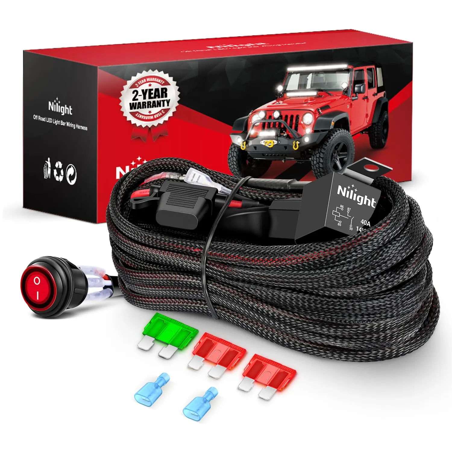 Nilight Heavy-Duty Automotive Wiring Harness Kit - Nylon 12 AWG, 1 Lead, 12V Illuminated Switch, Automotive Relay, Blade Fuse for LED Light Bar, 12V Battery Vehicles