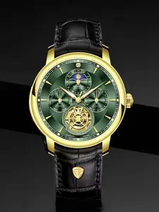 Namkin Men's Mechanical Watch, Luxury Vintage Style, Dial, Tourbillon, Moon Phase Display, Case, Leather Strap