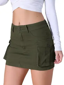INSPIRE CHIC Women's Denim Skirt Cargo Flap Pockets Button Fly Stretch Y2K Mini Jean Skirts Army Green