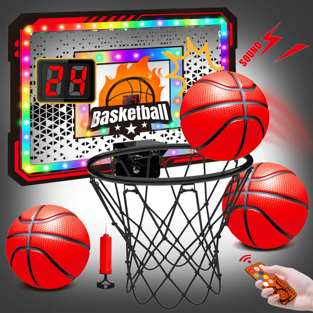VATOS Basketball Hoop Indoor for Kids, Light up Basketball Hoops with 6 Color LED Lighting, Remote Controller, Scoreboard & 3 Balls, Over The Door Basketballs Game Toys Gifts for Kids 5-12 Boys Girls