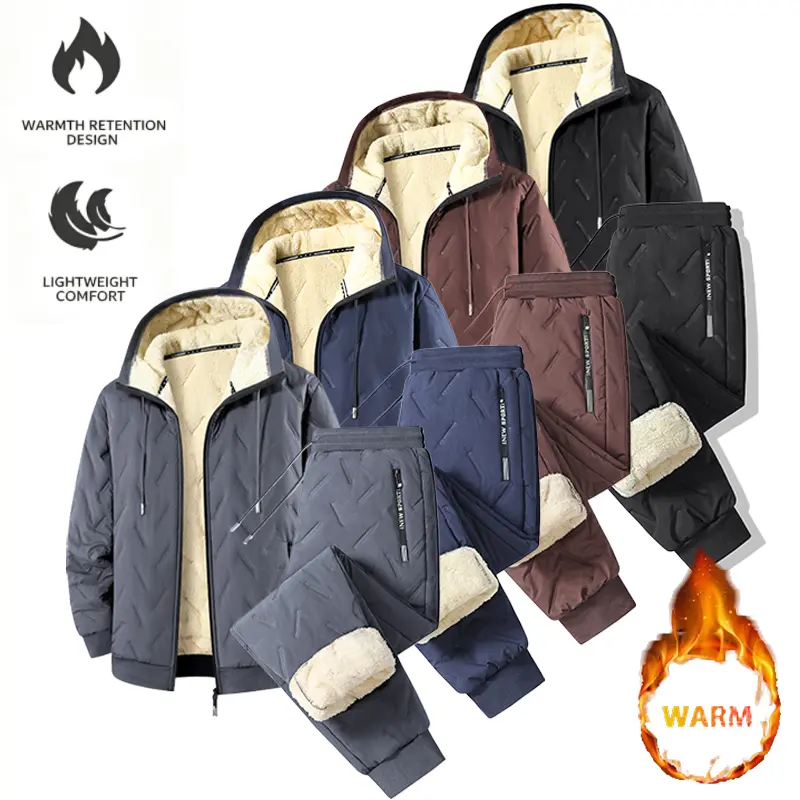 Men’s winter fleece-lined sports set with extra cotton padding: windproof zip-up hooded jacket + warm jogger sweatpants, two-piece set