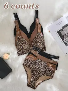 Women's Plain/leopard Print Wireless Bra & Panty Set, Casual Comfy Breathable Bra & Panty Set for Daily Wear,  Underwear for Women, Underwear Set for Women, Underwear Undergarments