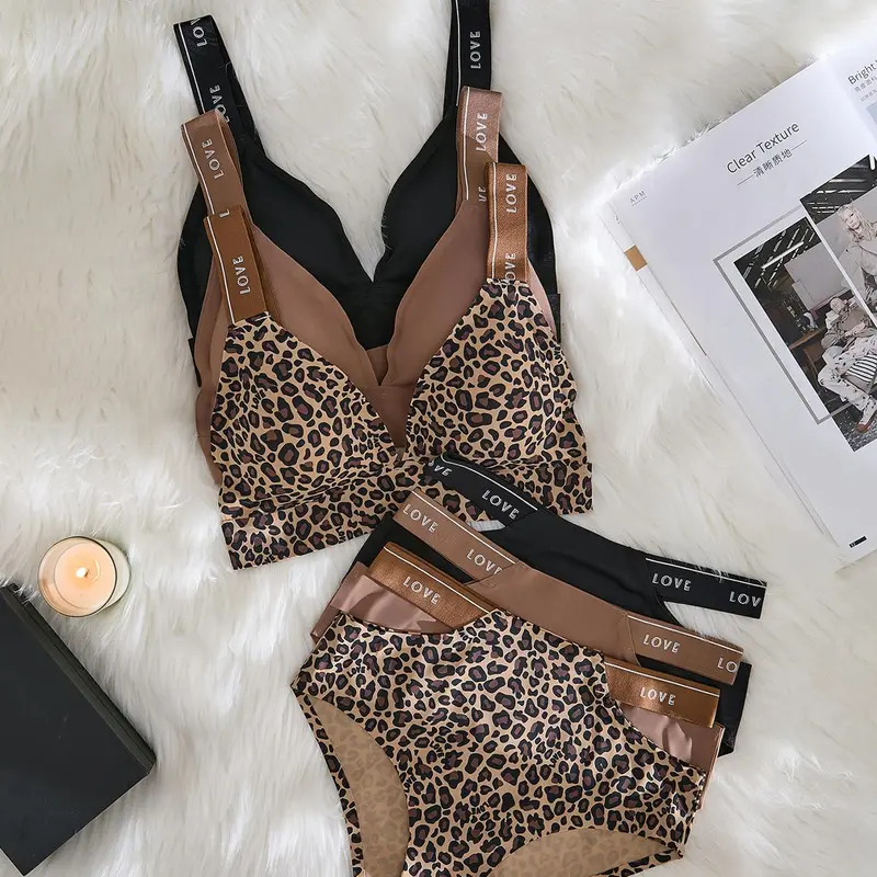 Women's Plain/leopard Print Wireless Bra & Panty Set, Casual Comfy Breathable Bra & Panty Set for Daily Wear, Underwear for Women, Underwear Set for Women, Underwear Undergarments, Printed Underwear, Under Clothing, Inner Wear