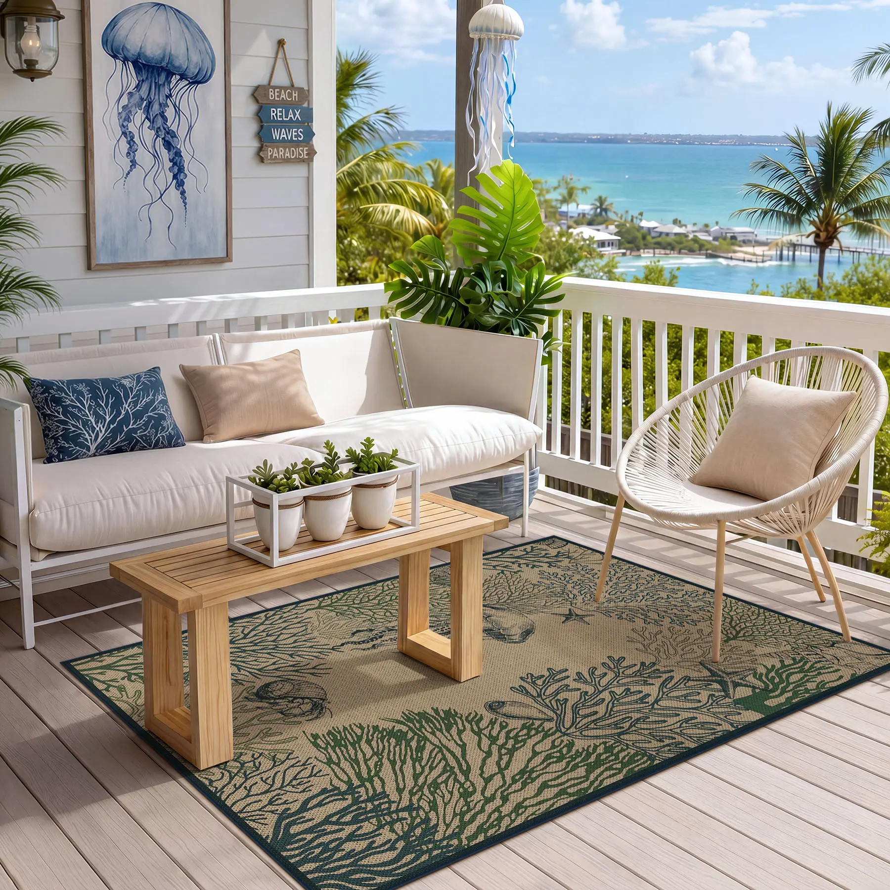 Tribesigns Coastal Easy Jute 3x5 Washable Outdoor Patio Rug, Boho Animal Non-Slip Area Kitchen Rugs for Entryway Porch, Indoor Front Door Carpet for Bedroom Living Room, Blue/Green, Oeko-Tex Certified homedecor
