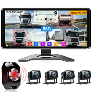 ConewVehicle RV Backup Camera System with Carplay Android Auto,10.36" 4CH Rear View Camera,Quad Split 1080P Touch Screen Monitor with MirrorLink Voice Control Navigation,DVR Loop Recording,Night Vision Waterproof for RV Trailer Camper Semi-Truck