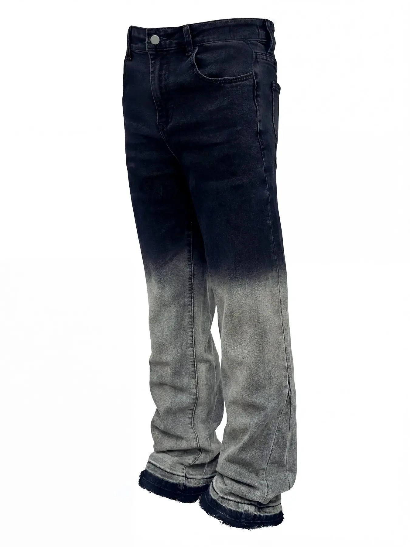 Men's washed gradient color stretch Elastic slim fit micro-flare jeans, Y2K stacked denim long pants, with frayed hem design, trendy street casual pants, Streetwear