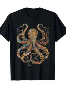 100% Cotton Vintage Sea Creature T-Shirt - Soft Breathable Casual Round Neck Short Sleeve Top with Octopus Squid Marine Design for Diving, Beach & Casual Attire