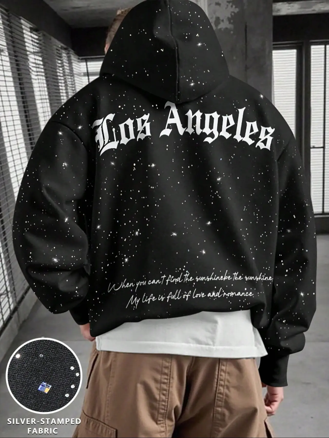 Men's Fleece Hoodie Sweatshirt, Casual Fitted Hoodie, Classic, Long Sleeve, College Style Letter Print, Silver Color Sequins, Kangaroo Pocket, Casual Fall & Winter Wear, Tops
