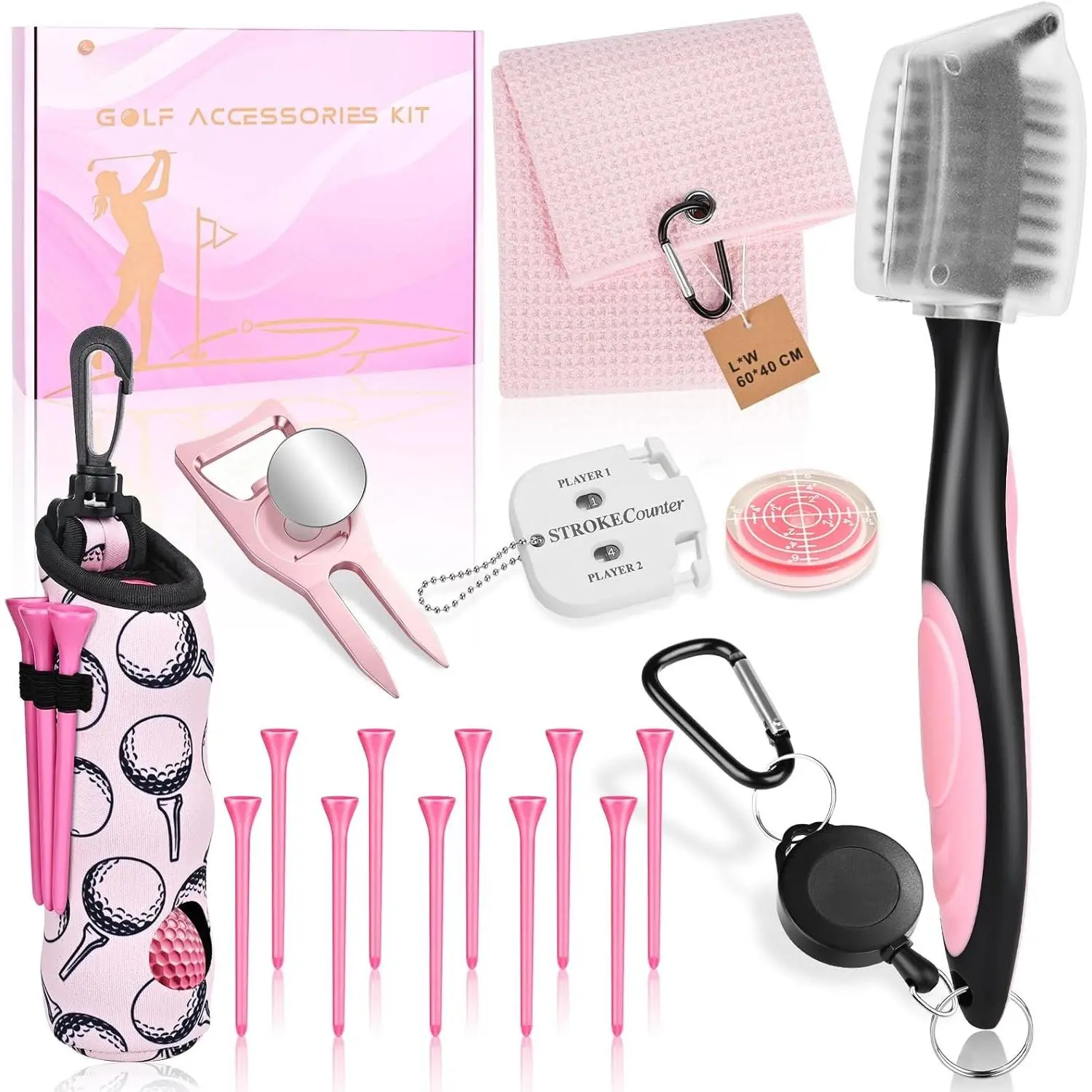 17 count Golf Accessories Kit, Includes Cleaner Brush, Towel, Plastic Tees, Golf Ball Bag with Hook, Ball Marker Divot Tool, Score Counter, Essentials Kit for Women Man Gifts