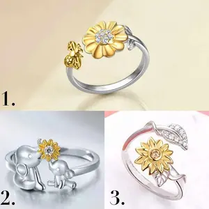 Elegant Silver Plated Sunflower Bee/Elephants Zirconia Adjustable Ring