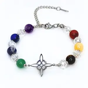 FIMENESS SEVEN CHAKRA 8MM NATURAL STONE BEADS, FACETED RONDELLE GLASS BEADS, STAINLESS STEEL WITCH KNOT CONNECTOR CHARM, SPACERS, LOBSTER CLASP CLOSURE AND 2 INCH EXTENDER CHAIN NON TARNISH HANDMADE BRACELET