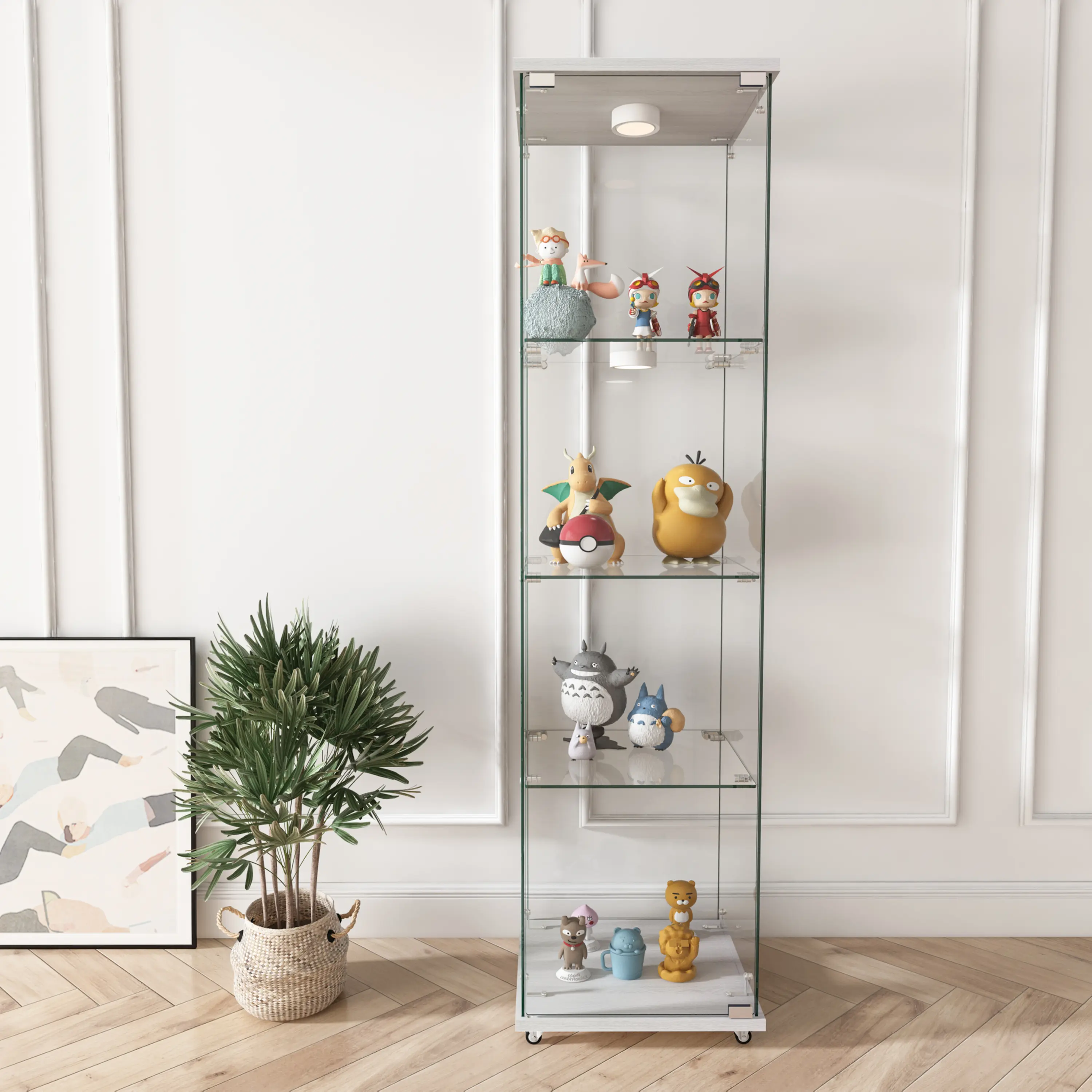 White 1-Door 4-Shelf Modern Transparent Glass Display Cabinet with LED Lights, Remote Control, 45 kg per Layer Capacity, Quick-Assembly Tempered Glass Storage Cabinet, Indoor Cupboard for Living Room, Bedrooms (Assembly Required)