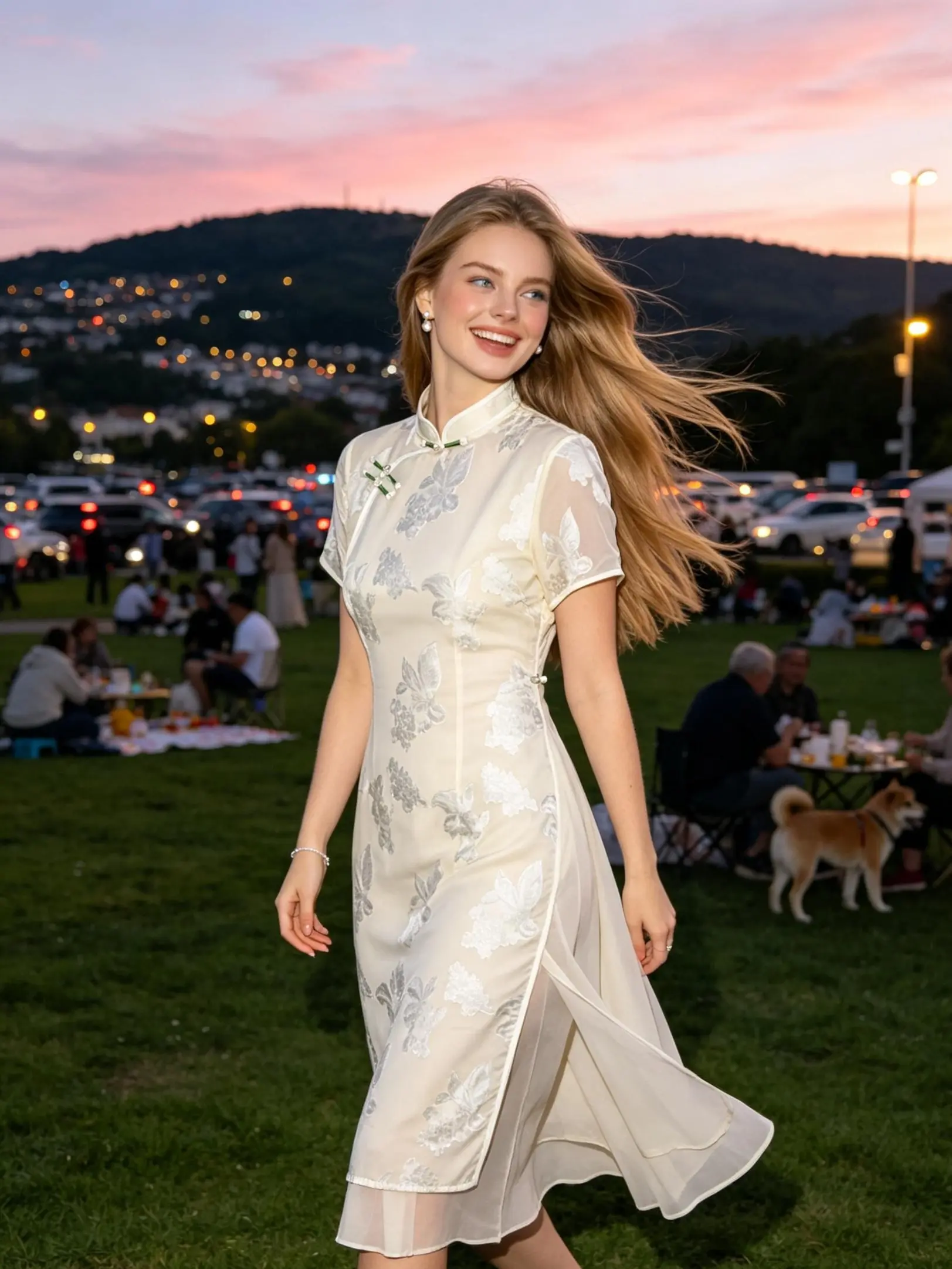 Flowy A‑Line Maxi Cheongsam Dress, Cream White Butterfly Jacquard Qipao, Green Frog Button Short‑Sleeve Loose Big Swing Long Dress, Modern Oriental Ao Dai Inspired Party Dress for Women