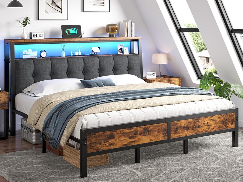Raybee LED Bed Frame with Charge Station for Queen, Full, King, Platform Bed Frame with Upholstered Ergonomic Heardboard , 2 Tiers of Shelves & 12" Underbed Storage, Industrial Modern Bedroom Furniture, 1000lbs Capacity with Metal Slats & Frame, Black Raybee LED Bed Frame with Charge Station for Queen, Full, King, Platform Bed Frame with Upholstered Ergonomic Heardboard , 2 Tiers of Shelves & 12" Underbed Storage, Industrial Modern Bedroom Furniture, 1000lbs Capacity with Metal Slats & Frame, Black