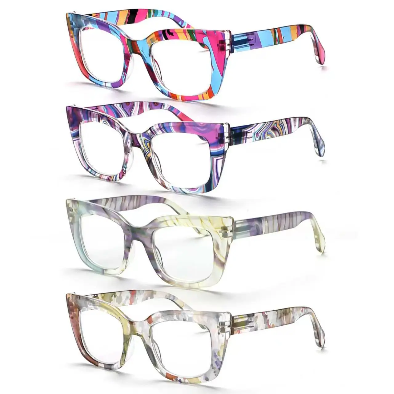 4-Piece Cat-Eye Reading Glasses for Women and Men, Full Rim Resin Frames with Anti-Blue Light Lenses for Gaming, Diopters 0-6.00