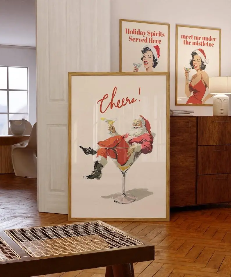 Cheers Santa Claus Poster, Funny Retro Christmas Wall Art, Vintage Holiday Cocktail Print, Santa Martini Bar Cart Decor Poster Unframe