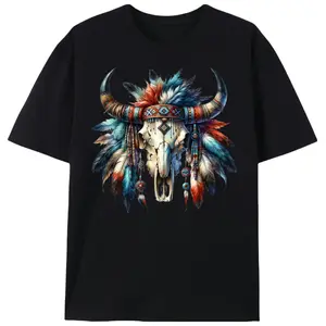 Vintage Tribal Bull Skull Graphic Tee |   Southwest Boho Style |   Casual Short Sleeve for Men & Women |   Ideal Western Gift