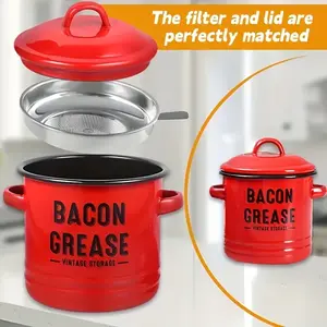 Fuel-Saving Preserving Containers Set with Filter Screen & Spoon, 46-Ounce Covered Fat Storage Tank, Silicone Scraper, Farmhouse Kitchen Decor Gift