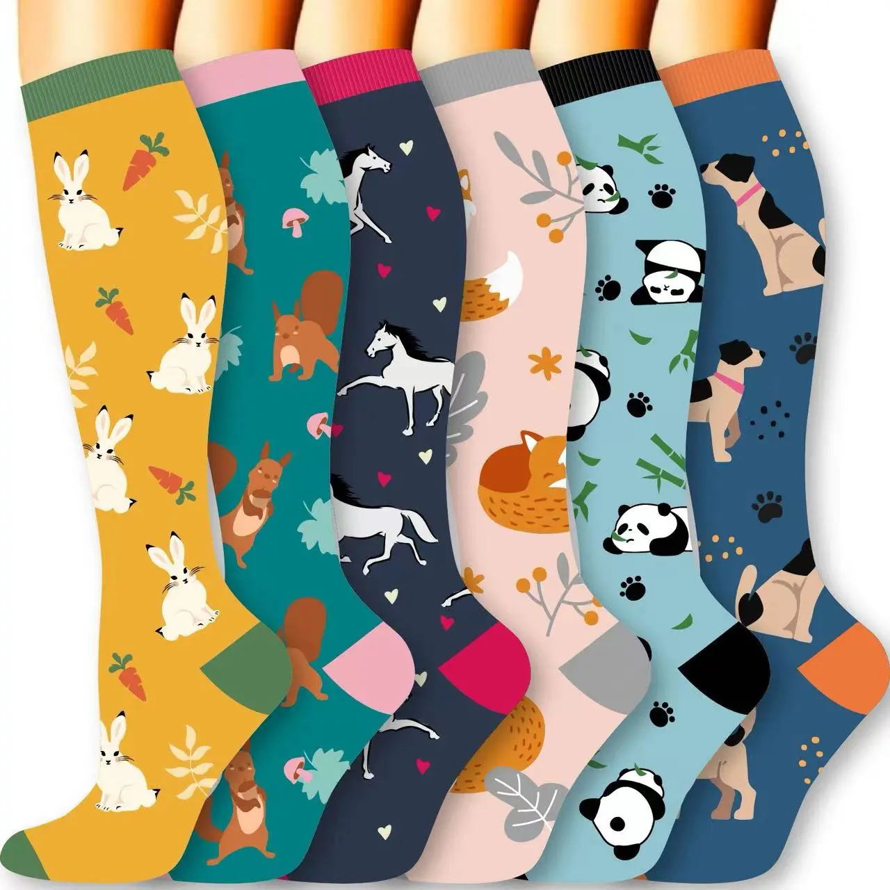 MhzyCaus 6 Pairs Women's Animal Print Compression Calf Socks Breathable Stretchy Supportive for Active Daily Wear Cute Compression Socks Outdoor Adventure