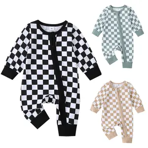 Newborn Baby Boy Girl Clothes Checkerboard Long Sleeve Zipper Romper Jumpsuit  Bodysuit Overalls Outfit