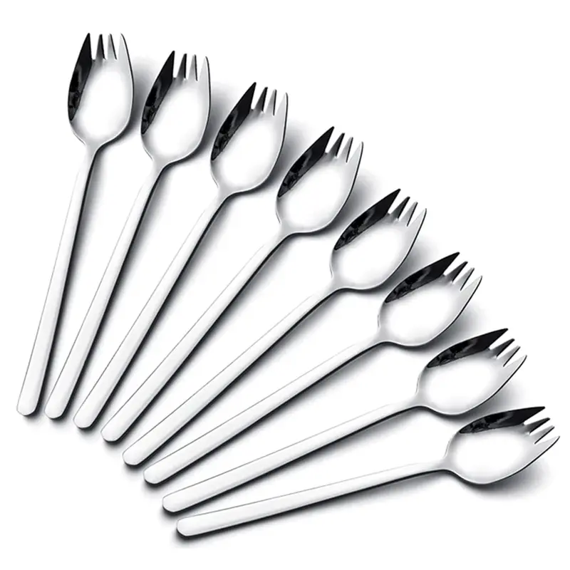 8 Pack Sporks Stainless Steel, Salad Forks, 18/10 Stainless Steel Sporks, 7.4 Inch Long Handle Dessert Spoons, Ice Cream Spoons Fork Reusable Fruit Appetizer Dessert Forks for Household Use