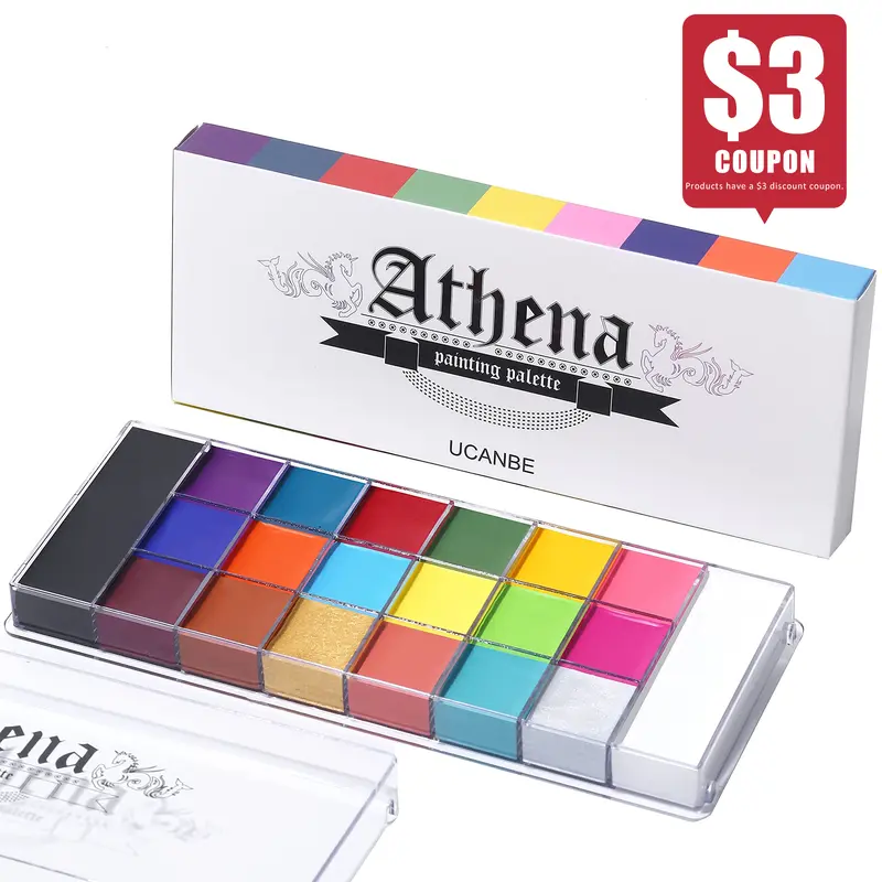 UCANBE Athena 20-Color Cosmetic Face and Body Paint Palette - Professional, Safe, Non-Toxic Cream Oil, Semi-Soft, with Shimmer Powder for Adults' Cosplay, Halloween Costume, Children's Baby Showers,familyfun