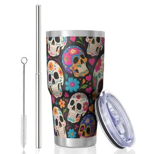 Skull 30 Oz Lce King Cup, Stainless Steel Top Bottom KeepsHot Cold Odor Free Slide Open Lid Flip Lid Suitable ForHome Office Outdoors Sports, Can Be Consumed DirectlyOr Used with a Straw, Skull Design I Stainless Steel Mug ,F_00037