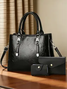 Women's Boston Handbag Set, High-Quality PU Leather, Geometric Pattern, Casual Style, Shoulder Crossbody, Commuter Date Shopping Bag