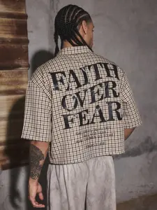 Men's Cropped Gingham Camp Collar Shirt - "Faith Over Fear" Large Black Letter Back Print Streetwear Button Up, Oversized Beige Check Short Sleeve Shirt for Y2K Grunge Urban Aesthetic