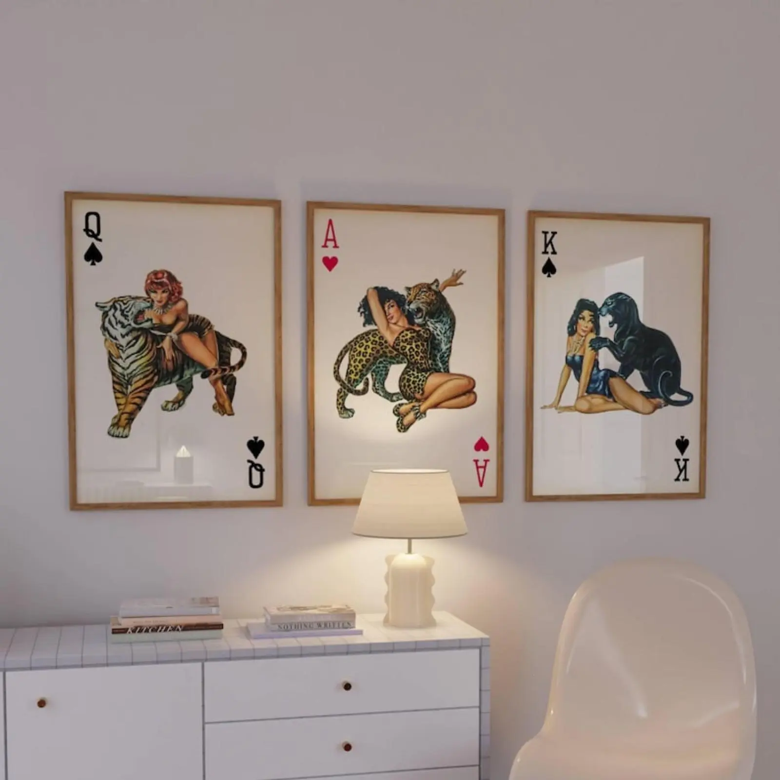 3 Count/Set Trendy Y2K Vintage Ace of Hearts Playing Cards Poster, Retro Print, Leopard, Panther, Tiger Prints, Aesthetic Home No Frame