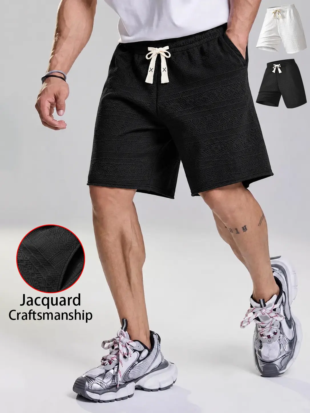 Men's Chic Tribal Aztec Geometric Pattern Knitting Shorts - Textured Fabric, Drawstring Waistband, Pockets, Foldable, Athletic, Breathable, Lightweight Polyester, Sporty Chic, for Biking, Beach, Size S