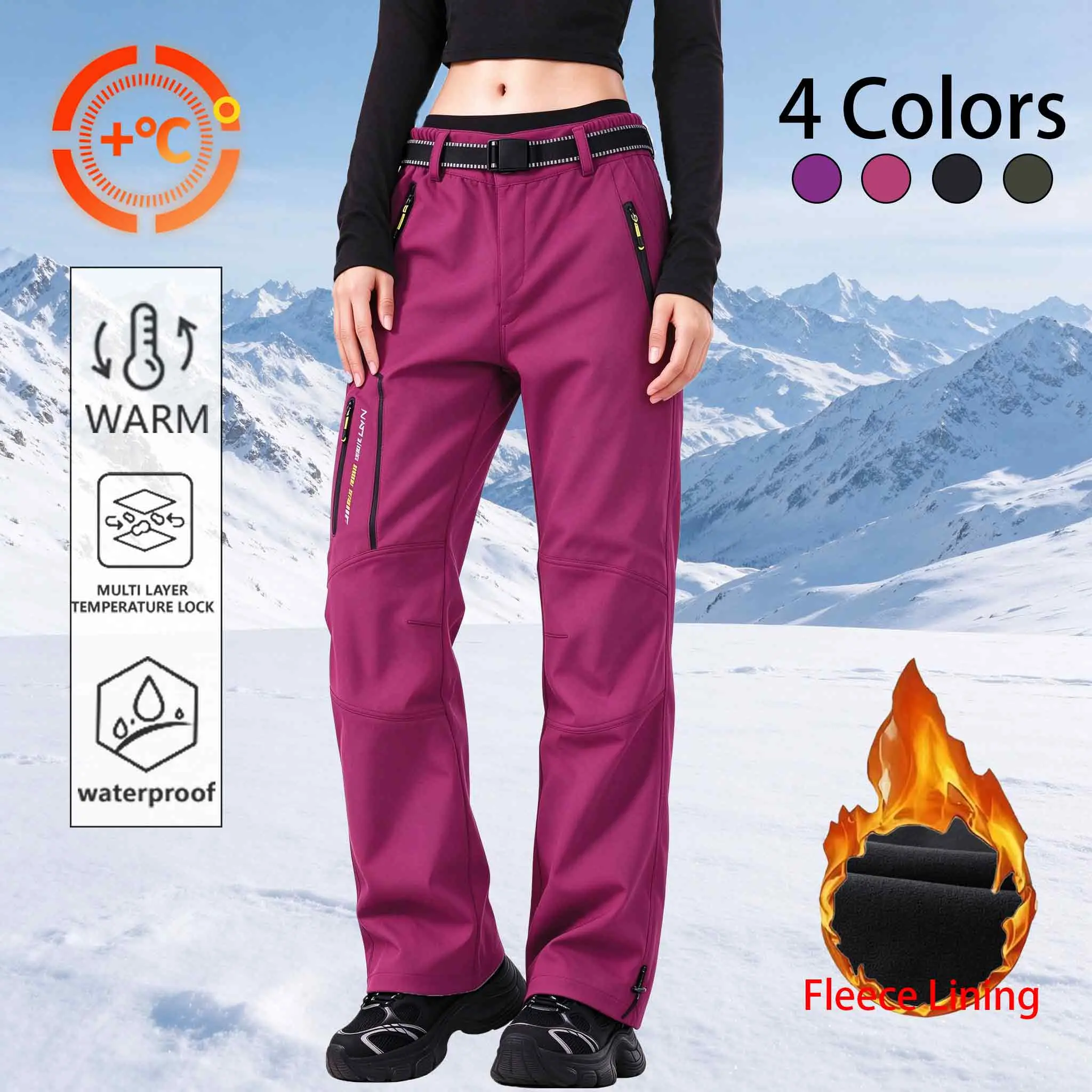 Women’s fleece-lined softshell outdoor hiking pants for winter—waterproof, windproof, warm, available in multiple colors, long ski pants