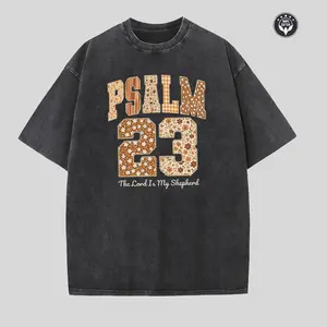 Unisex Boho Psalm 23 Christian T-Shirt, Vintage Washed Floral Patchwork Graphic Tee, Retro Faith-Based "The Lord Is My Shepherd" Print Short Sleeve Crew Neck Casual T-Shirt