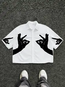 Men's Casual Short Sleeve Long Shirt with Heart Eye Print, Symmetrical Design for Style, Fitted and Comfortable Fabric for Casual Outings