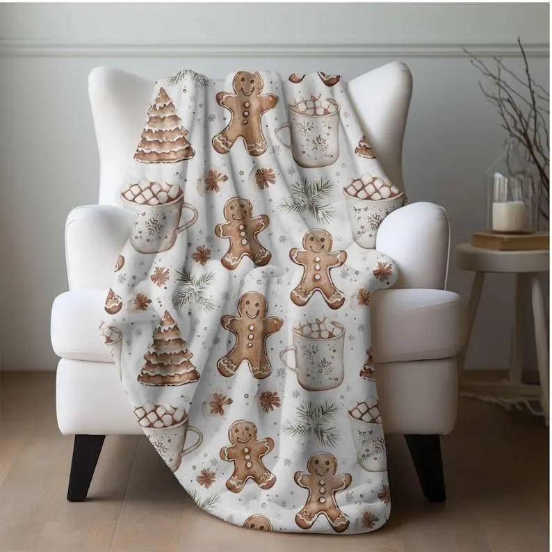 Gingerbread Man Decorative Blanket - Boho Neutral Flannel Cozy Soft Flannel Throw, Thick Warm Blankets for Christmas Home Decor, Hot Cocoa Moments, Family & Friend Holiday Gifts
