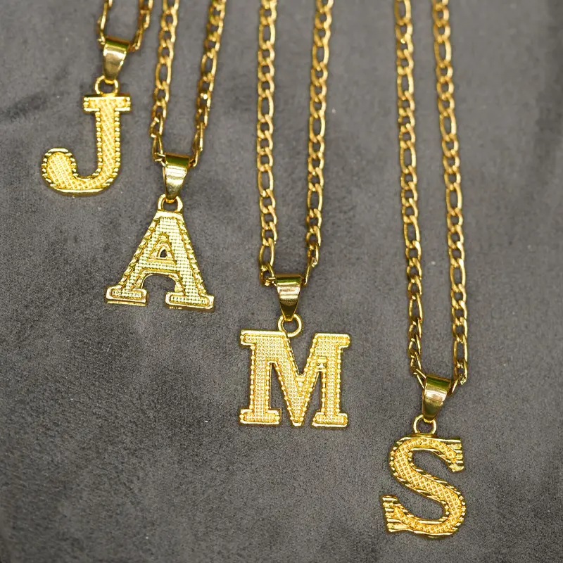 18K Gold Plated Minimalist Everyday Jewelry, Vintage Stainless Steel Metal Coated Letter Necklace, Bohemian Name Pendant Necklace With Figaro Chain, Gift For Her/his Anniversary