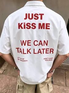 Y2K "Just Kiss Me" Graphic Cropped Short Sleeve Shirt｜Men Women Vintage Oversized White Button‑Down Blouse, Trendy Red Text Print Streetwear Top, Casual Loose Fit Lapel Collar Shirt, Aesthetic Summer Statement Piece Viral TikTok Fashion Outfit Must‑Have