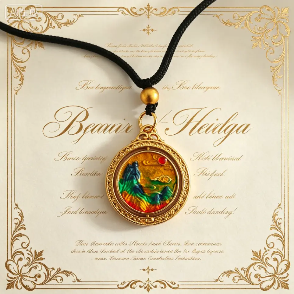 18K Gold Plated Rotatable Enamel Landscape Pendant Necklace, Oriental Cloisonne Craft Women Jewelry