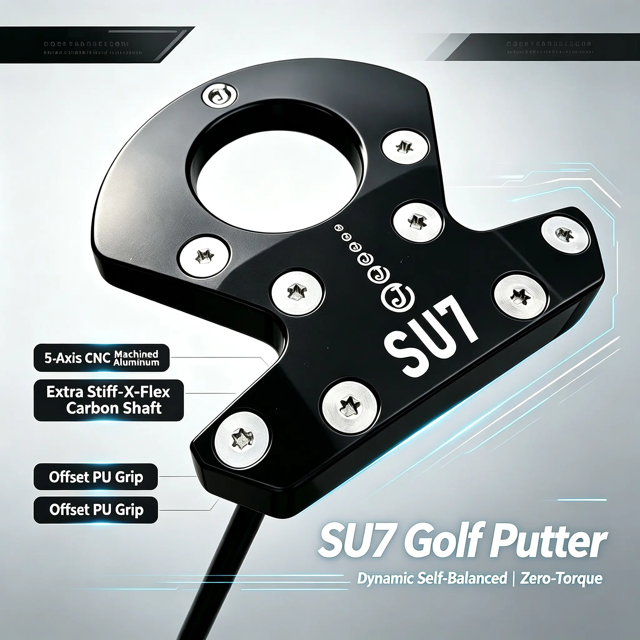 SU7 Mallet Golf Putter - 5-Axis CNC Machined Aluminum Head, Extra Stiff X-Flex Shaft, Offset PU Grip, Dynamic Self-Balanced Design, 0-Torque Feature for Enhanced Putting Performance