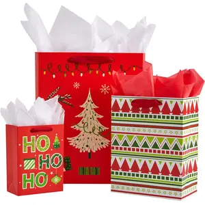 Christmas Gift Bags Assorted Sizes with Tissue Paper, 9 Pack, Red Holiday Theme Bags, Large 13x10.2, Medium 9x7, Small 6.3x4.7 inches